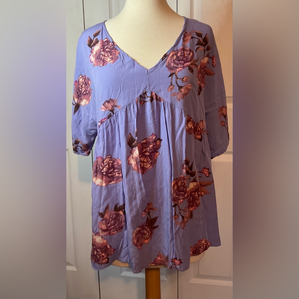 MTS Purple Floral Short Sleeve Top Blouse Size Large